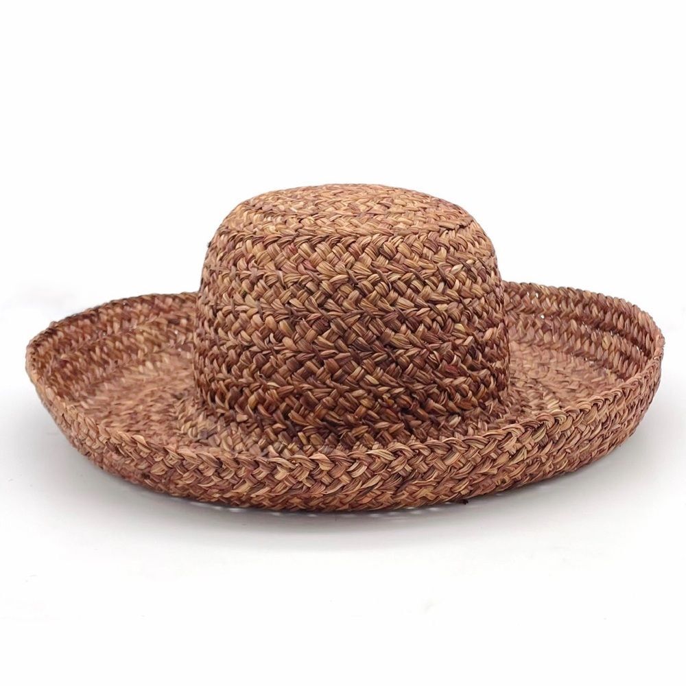 Vintage Bass Woven Braided Raffia Straw Sun Hat Dark Brown Y2K 90s Blossom OS